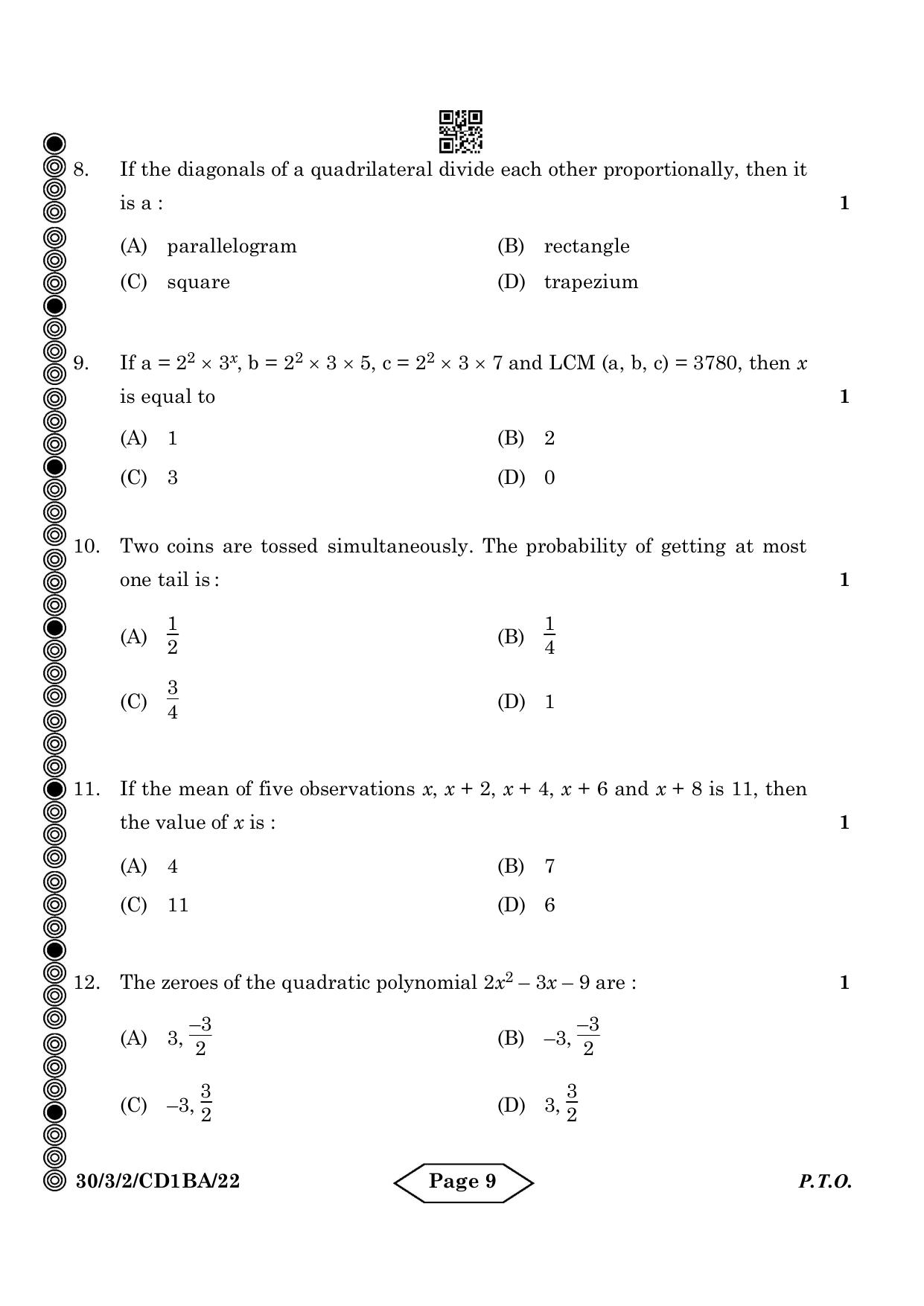 CBSE Class 10 30-3-2 Mathematics Standard 2024 Question Paper - Page 9