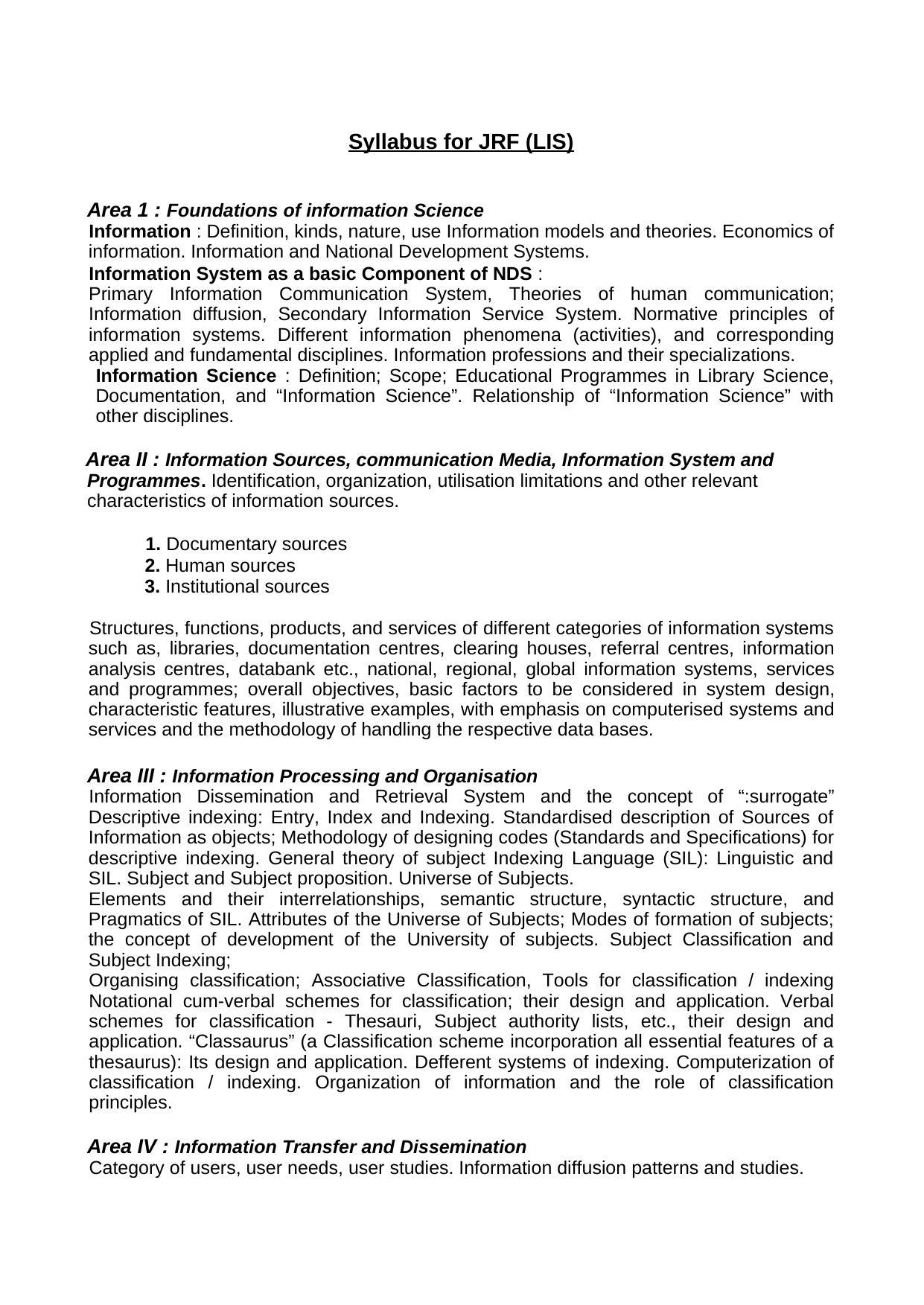 ISI Admission Test JRF in Library and Information Science Syllabus - Page 1