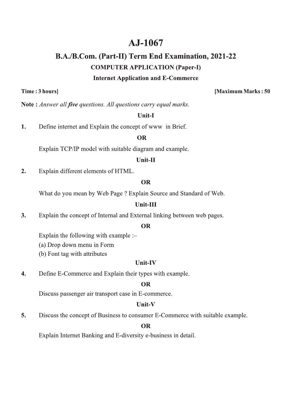 Bilaspur University Question Paper 2021-2022:B.A. Part-II (Two) Computer Applications I.Internet Application And E-Commerce II.Relational Data Base Management System Paper 1 - Page 1
