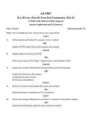 Bilaspur University Question Paper 2021-2022:B.A. Part-II (Two) Computer Applications I.Internet Application And E-Commerce II.Relational Data Base Management System Paper 1