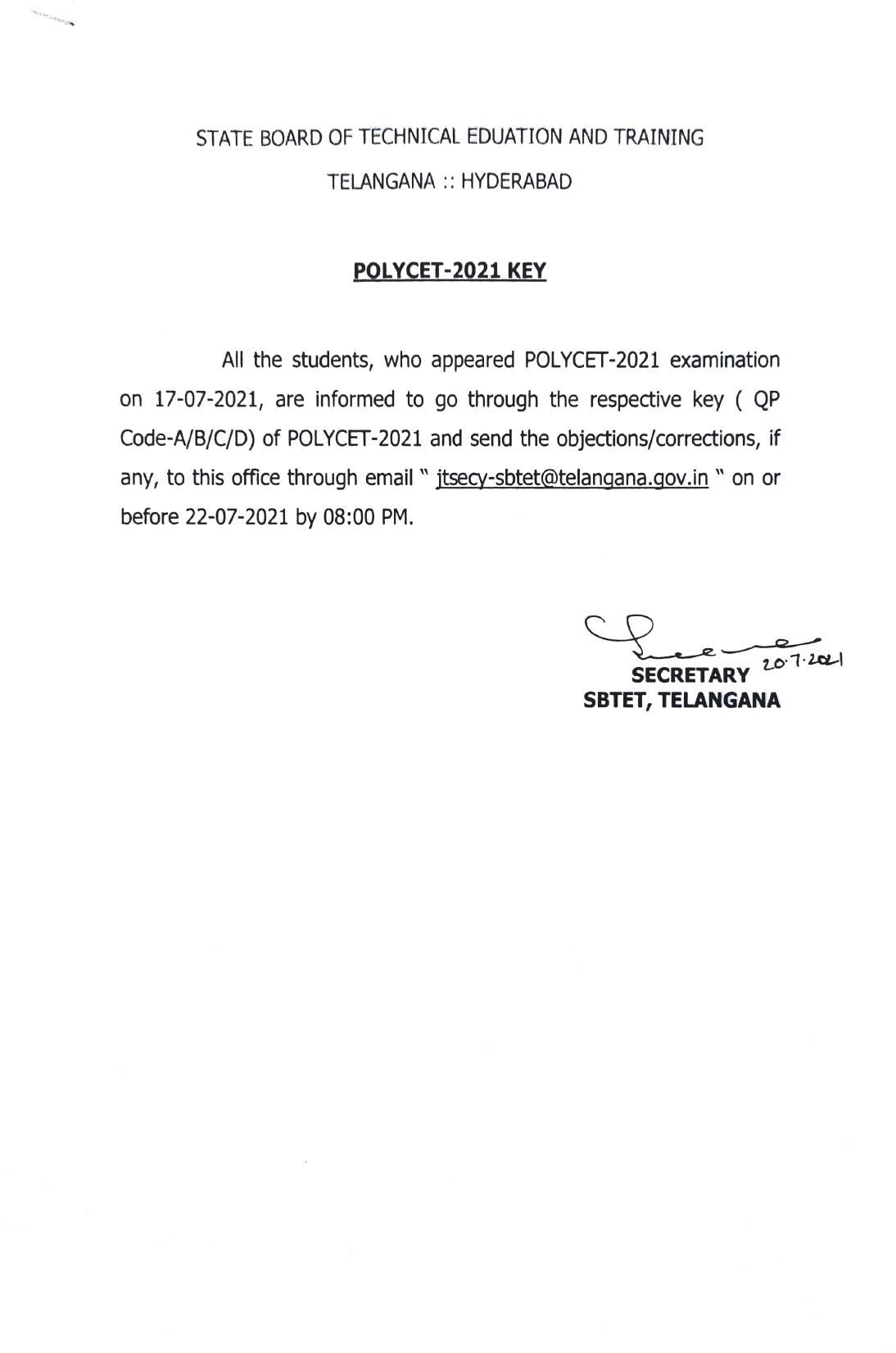 TS POLYCET 2021 Answer Key (SET A, B, C, D) - Page 1