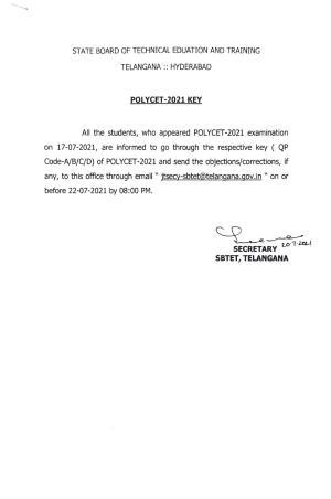 TS POLYCET 2021 Answer Key (SET A, B, C, D)