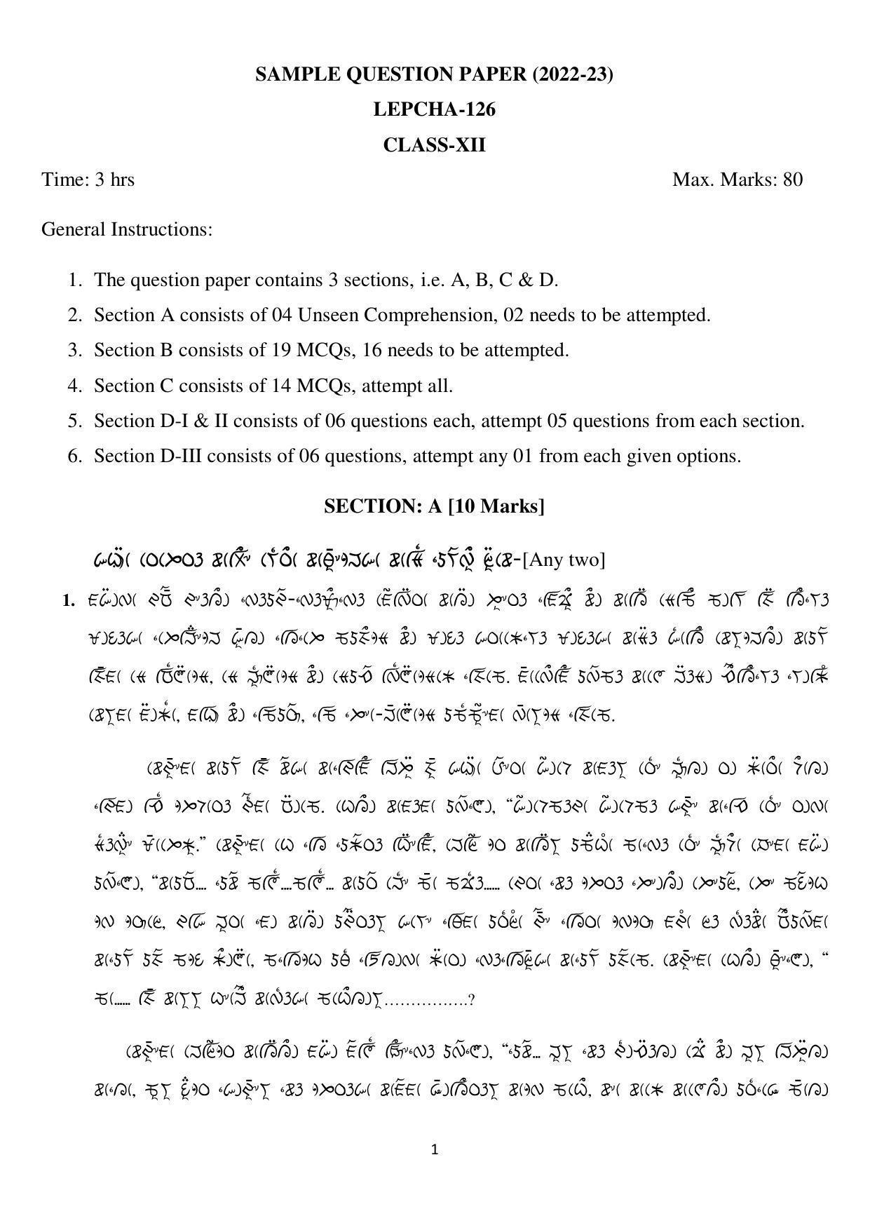CBSE Class 12 Lepcha Sample Paper 2023 - Page 1