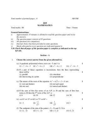 Nagaland Board Class 10 MATHEMATICS 2019 Question Paper