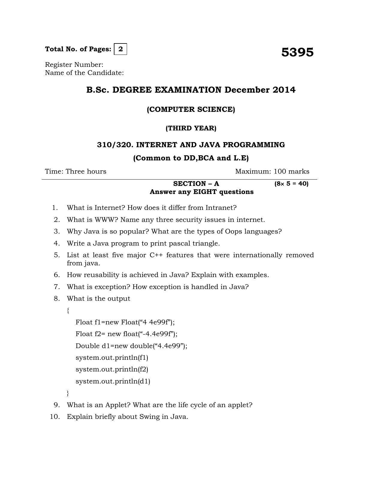 Annamalai University Internet And Java Programming B.C.A. (OUS) December 2014 Question Papers - Page 1