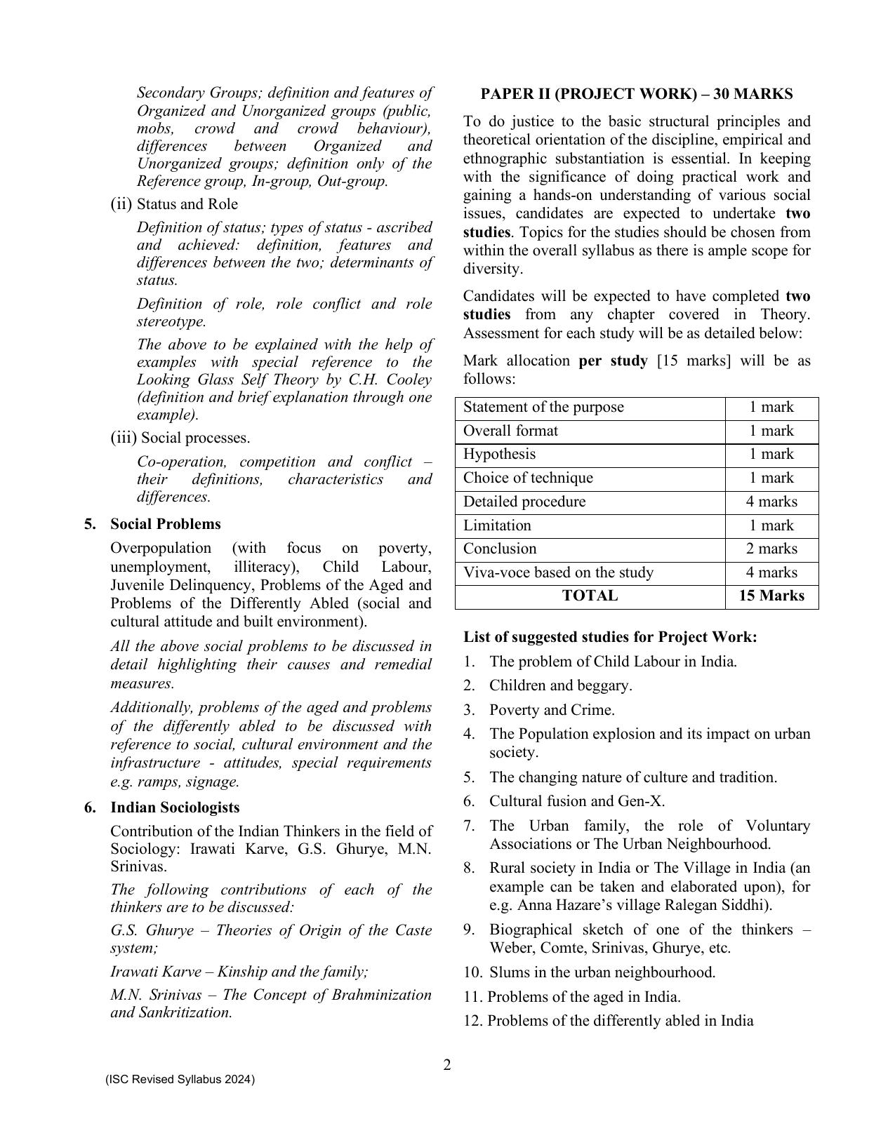 ISC Class XI Sociology 2025 Syllabus - Page 2