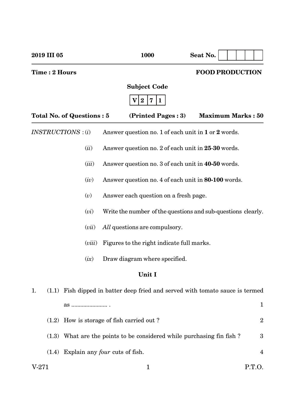 Goa Board Class 12 Food Production   (March 2019) Question Paper - Page 1