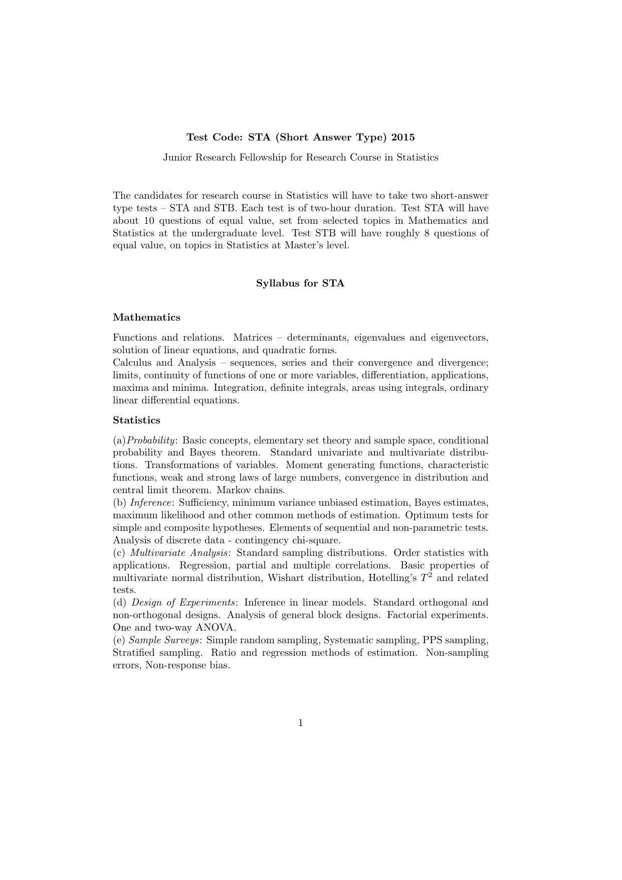 ISI Admission Test JRF in Statistics STA 2015 Sample Paper - Page 1