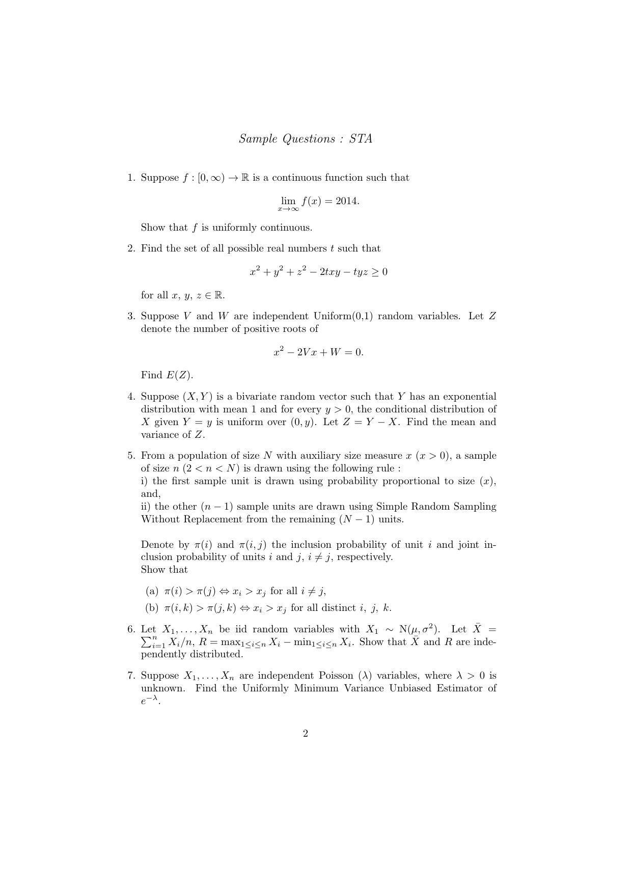 ISI Admission Test JRF in Statistics STA 2015 Sample Paper - Page 2