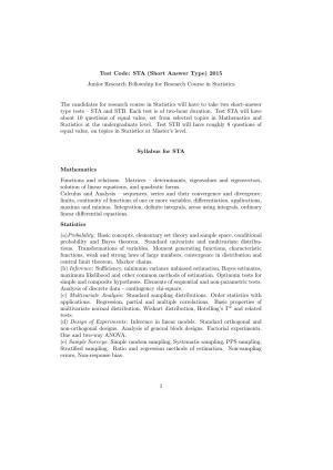 ISI Admission Test JRF in Statistics STA 2015 Sample Paper