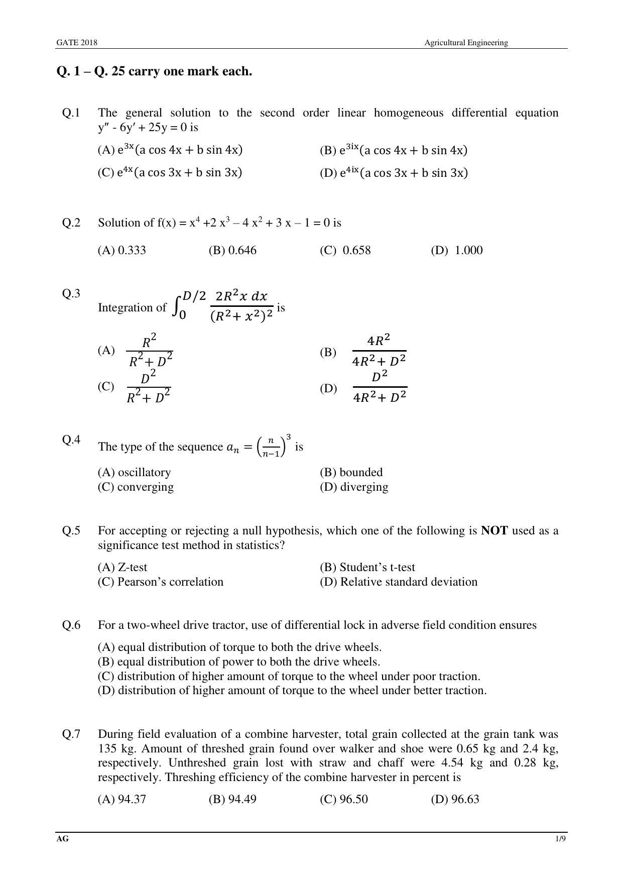 GATE 2018 Agricultural Engineering (AG) Question Paper with Answer Key - Page 3