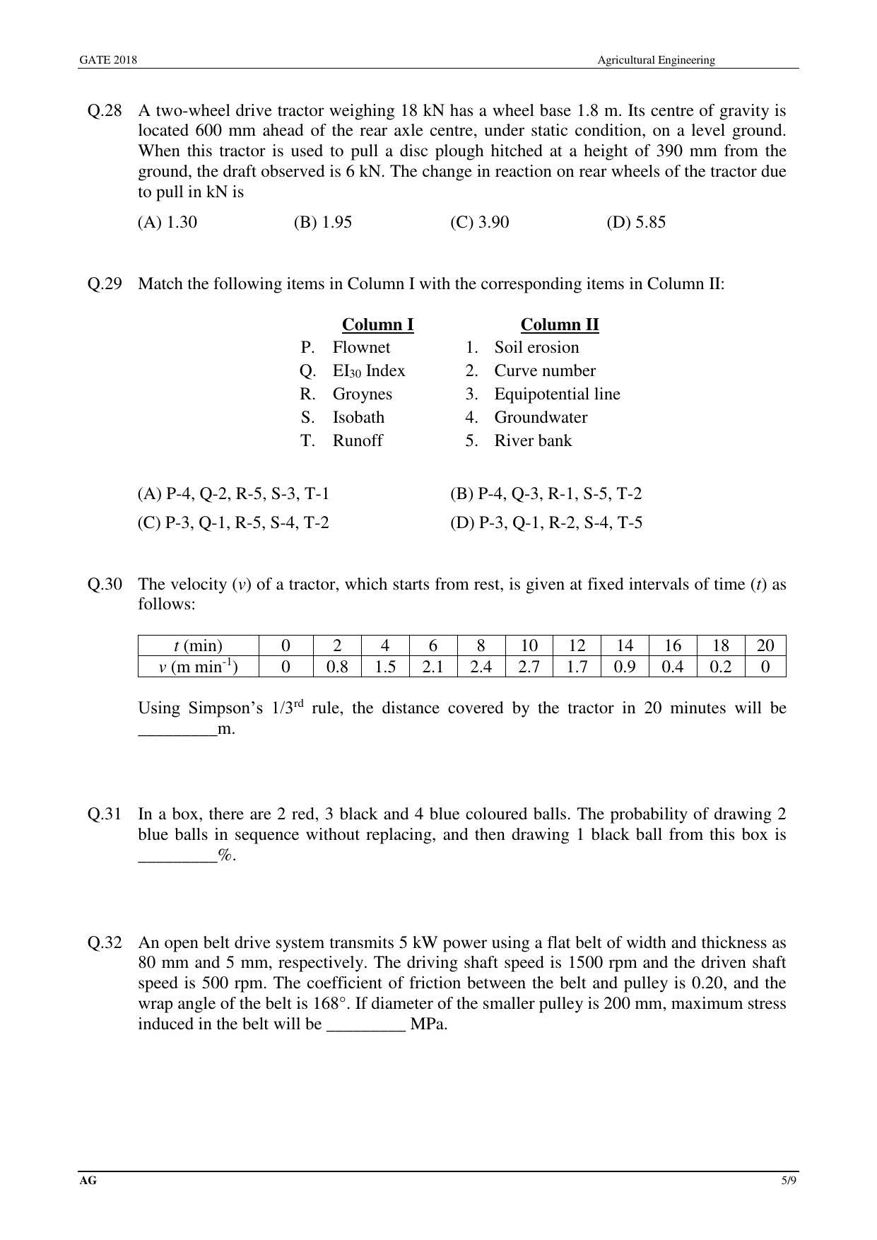 GATE 2018 Agricultural Engineering (AG) Question Paper with Answer Key - Page 7