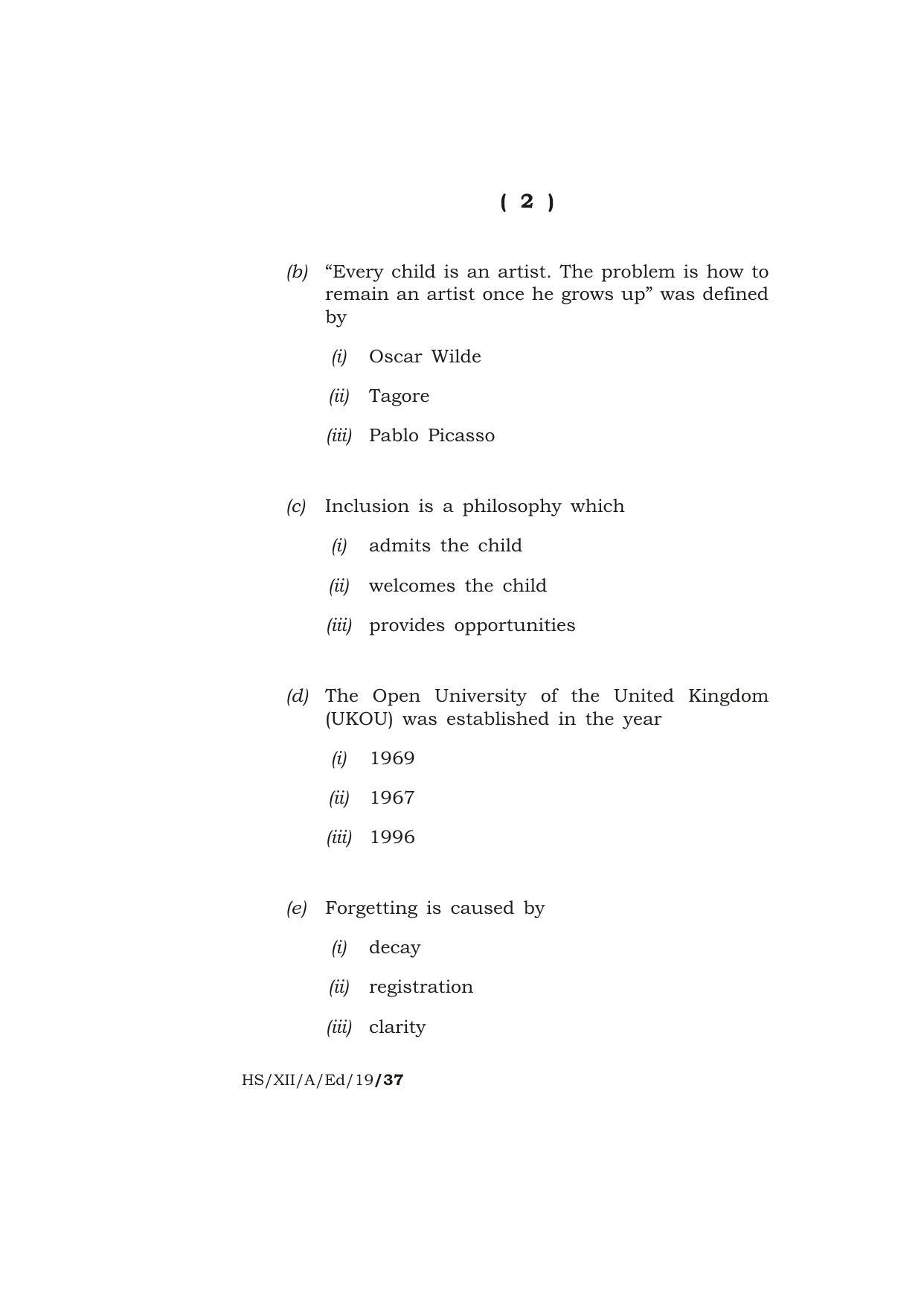 Meghalaya Board (MBOSE) Class 12 EDUCATION 2019 Question Paper - Page 2