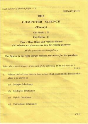COHSEM Class 12 Computer Science 2016 Question Papers