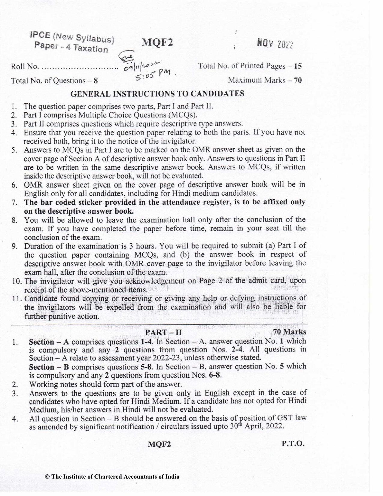 CA Inter Nov 2022 Question Paper - Paper 4 – Taxation - Page 1
