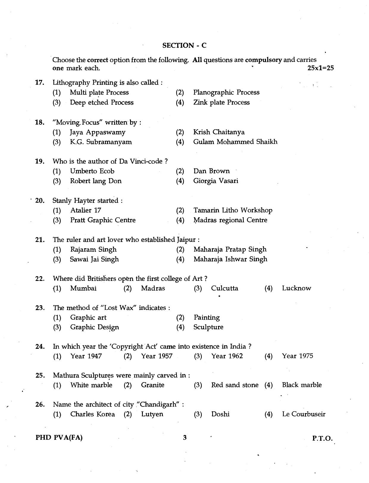 IGNOU PhD Entrance Test Ph.D. Performing And Visual Arts (Fine Arts) 2016 Question Paper - Page 3