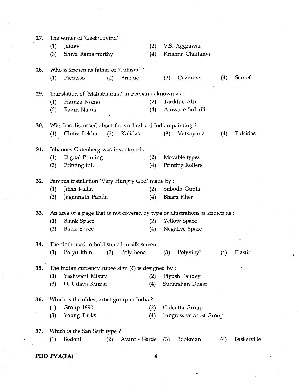 IGNOU PhD Entrance Test Ph.D. Performing And Visual Arts (Fine Arts) 2016 Question Paper - Page 4