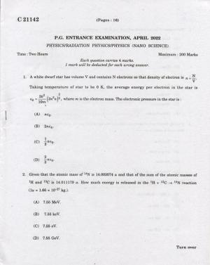 CUCAT 2022 M.Sc. Physics, M.Sc. Radiation Physics & M.Sc Physics (Nanoscience) Question Paper