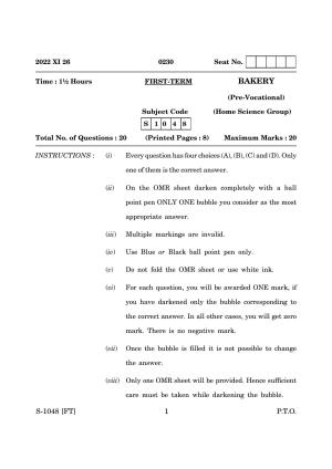 Goa Board Class 10 Bakery (November 2022) Question Paper