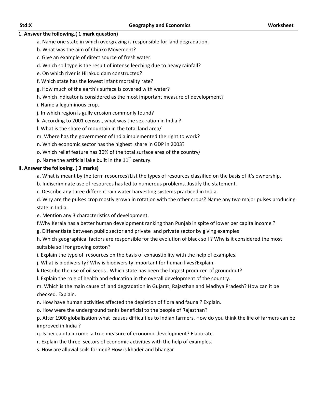 CBSE Worksheets for Class 10 Social Science Geography Assignment 5 - Page 1