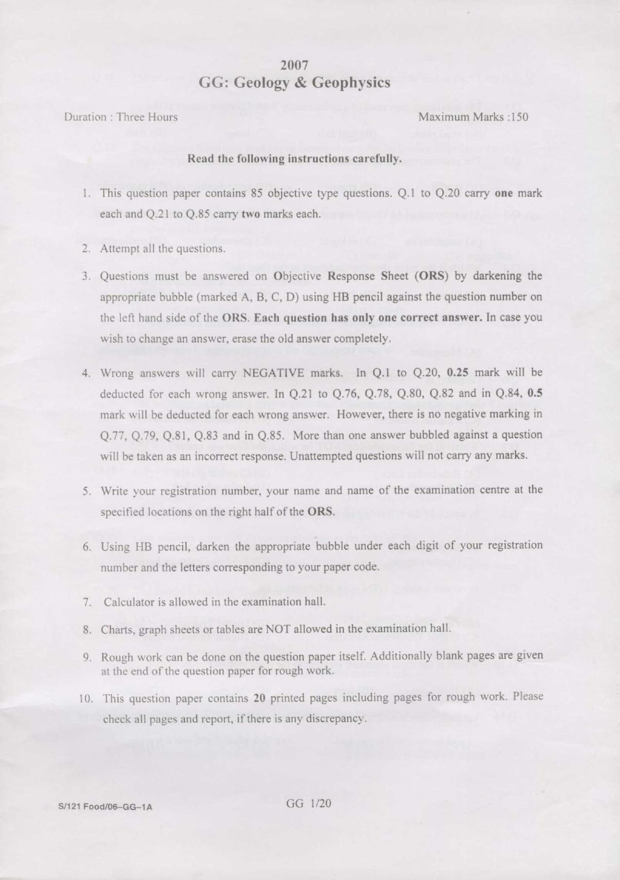 GATE 2007 Geology and Geophysics (GG) Question Paper with Answer Key - Page 1