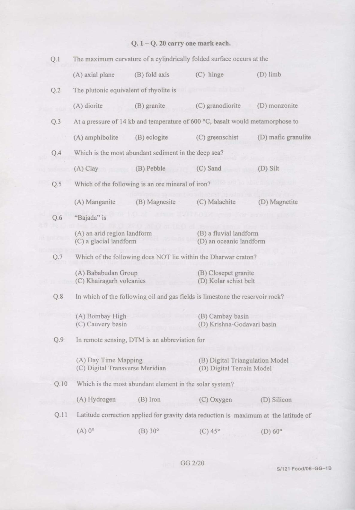 GATE 2007 Geology and Geophysics (GG) Question Paper with Answer Key - Page 2
