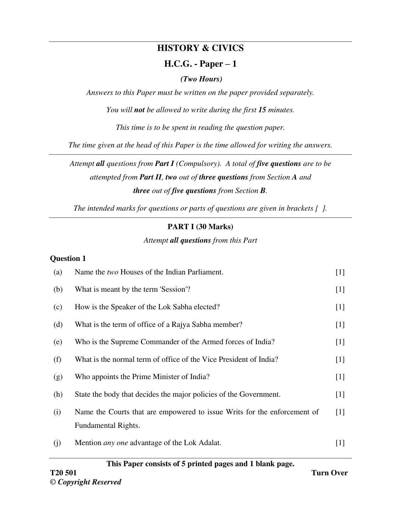ICSE Class 10 History & Civics - H.C.G. - Paper 1 2020 Question Paper - Page 1