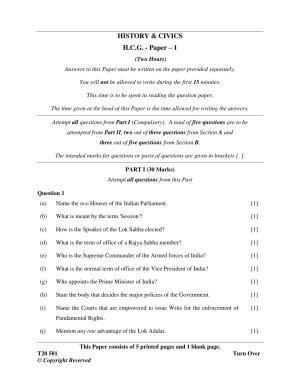 ICSE Class 10 History & Civics - H.C.G. - Paper 1 2020 Question Paper
