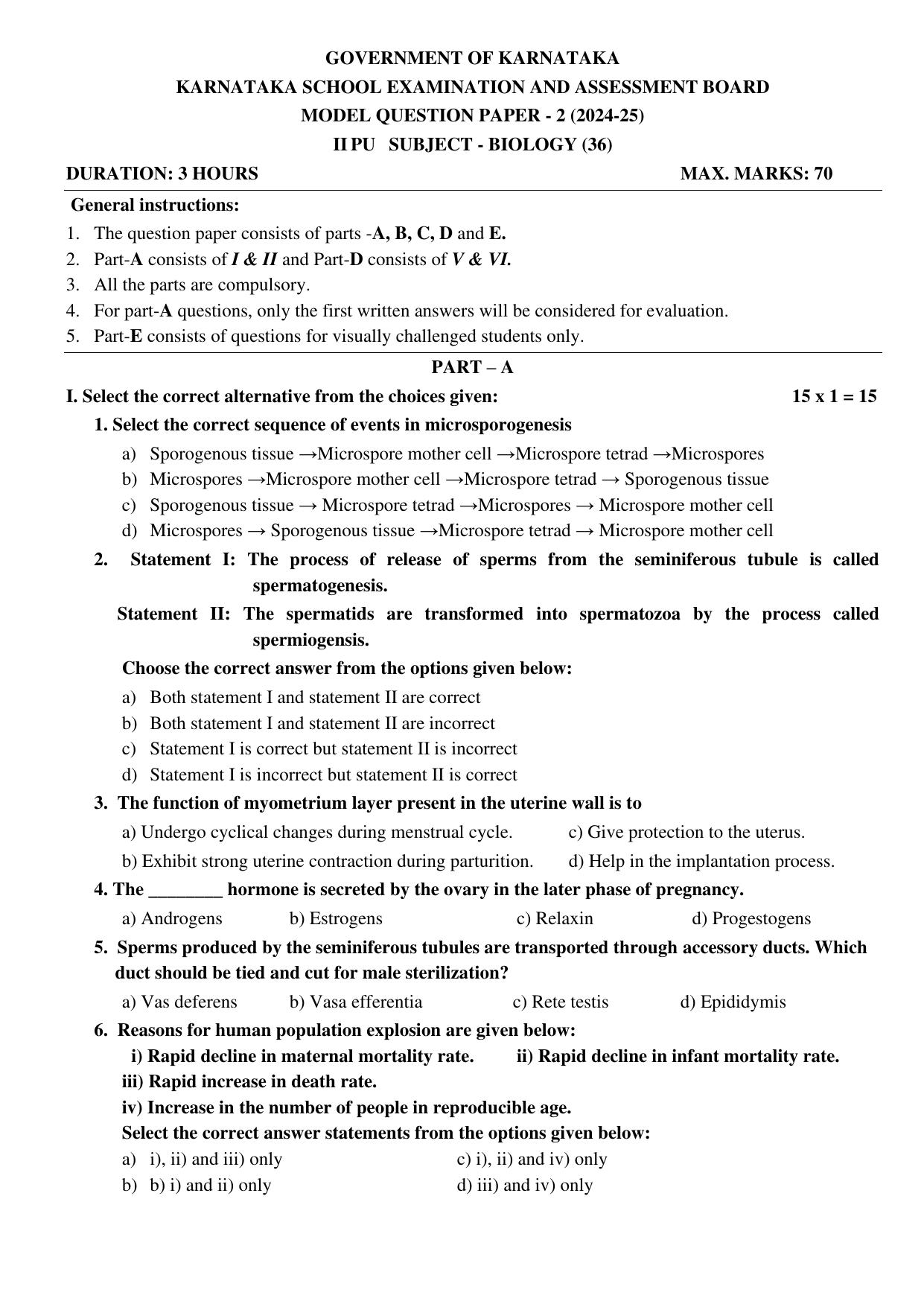 Karnataka II PUC Biology Model Question Paper II 2025 - Page 1