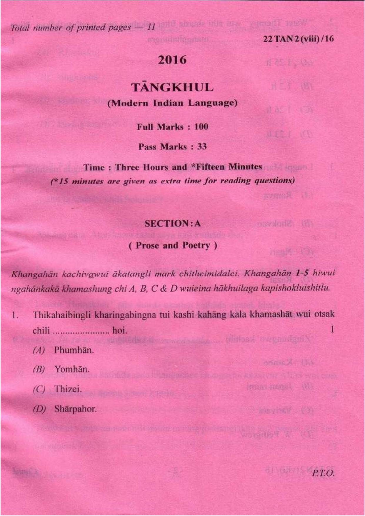 COHSEM Class 12 Tangkhul (M.I.L.) 2016 Question Papers - Page 1