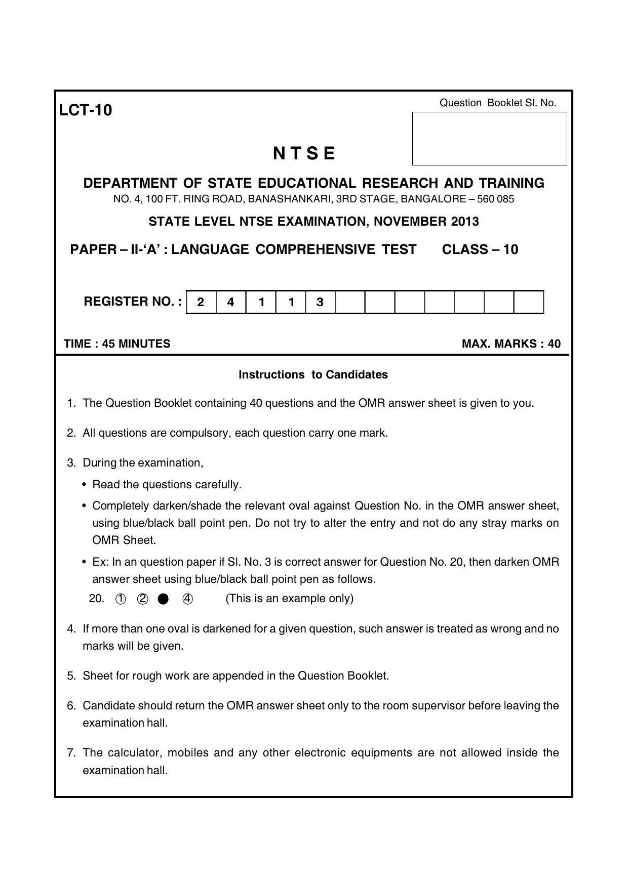 Karnataka NTSE 2013 LCT Question Paper - Page 1