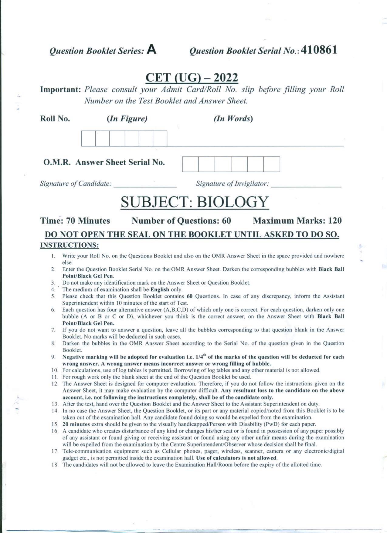 PUCET UG 2022 Biology Question Paper - Page 1