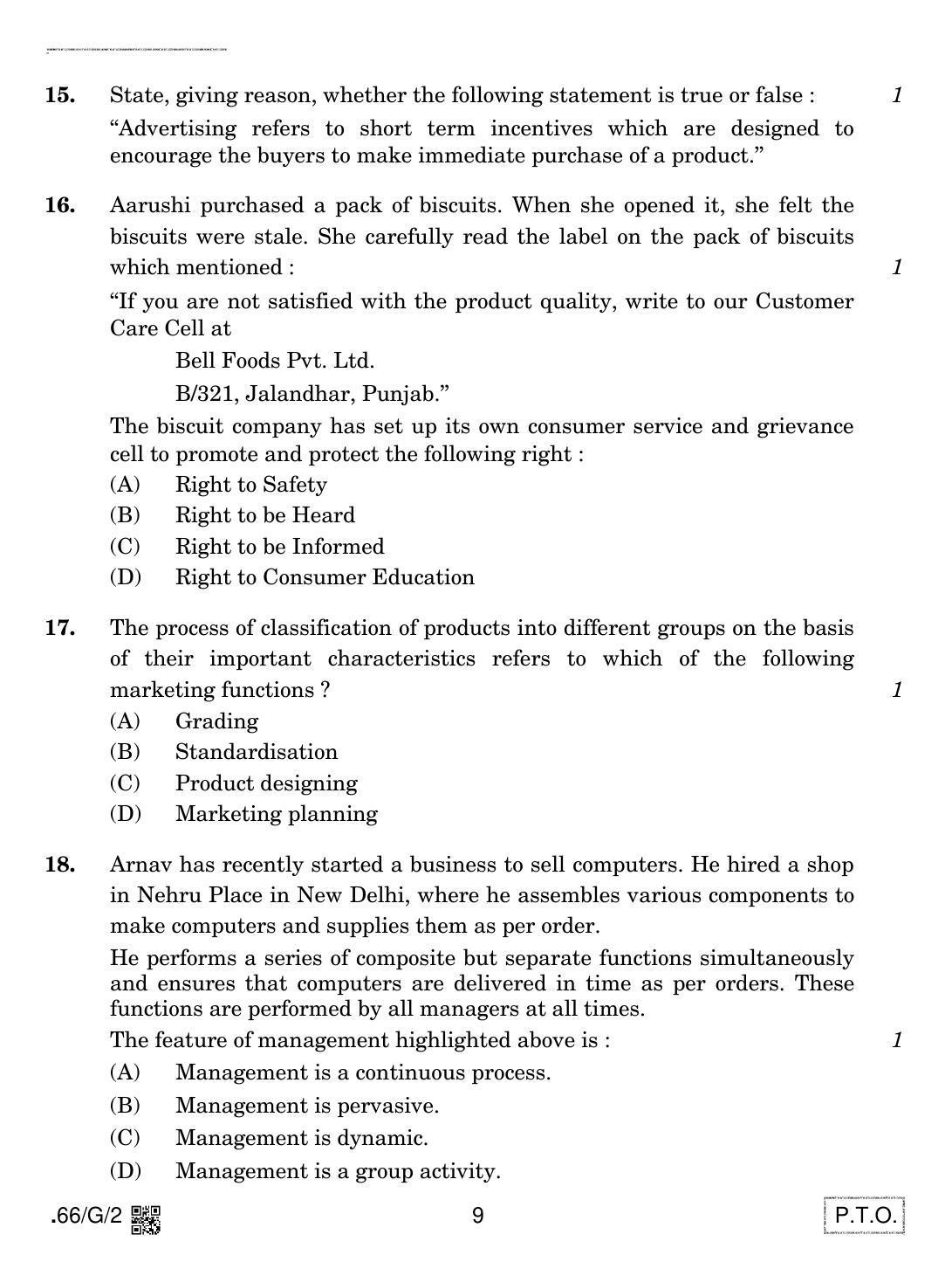 CBSE Class 12 66-C-2 - Business Studies 2020 Compartment Question Paper - Page 9