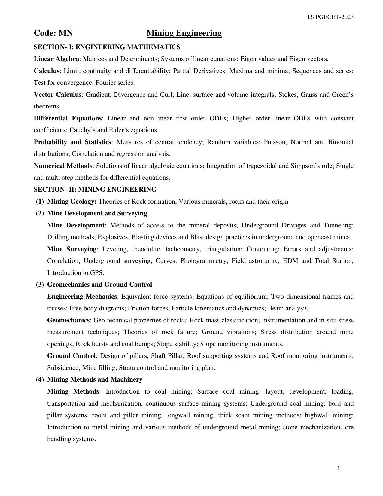 TS PGECET Mining Engineering Syllabus - Page 1