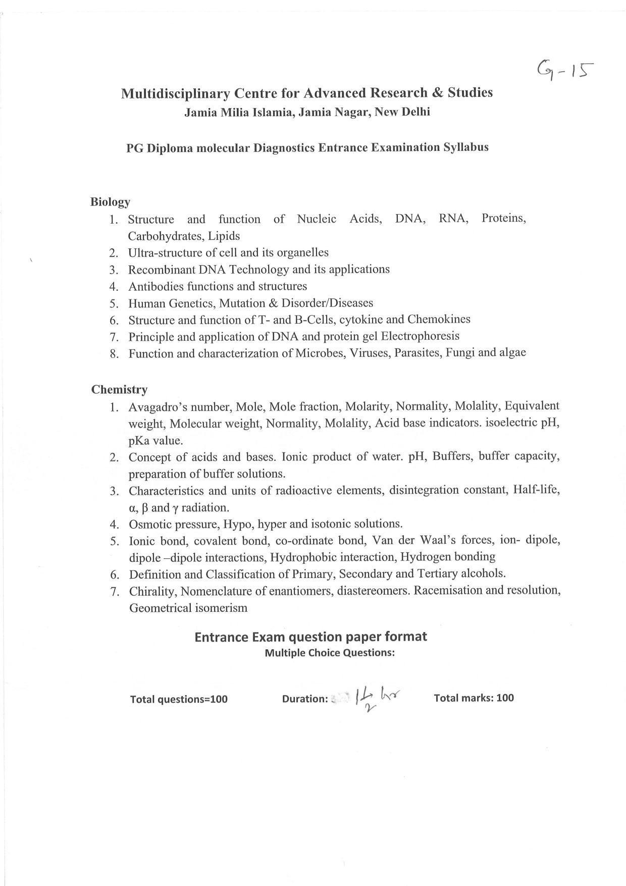 JMI Entrance Exam G15PG Diploma in Molecular Diagnostics (Self