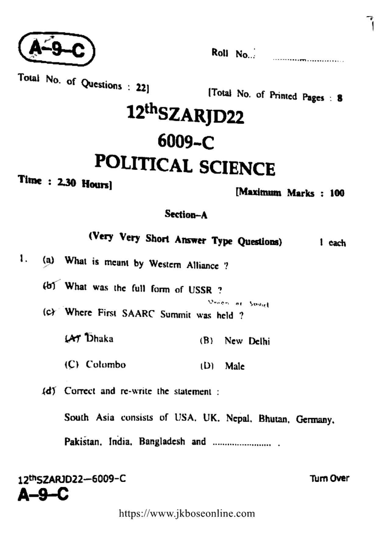 JKBOSE Class 12 Political-Science 6009-C Question Papers 2022 - Page 1