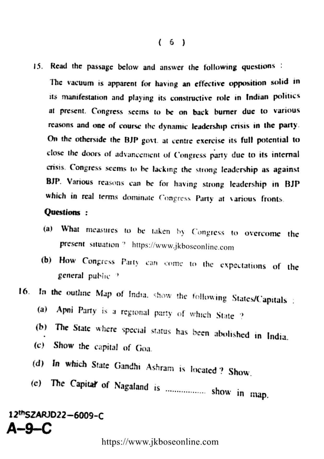 JKBOSE Class 12 Political-Science 6009-C Question Papers 2022 - Page 6