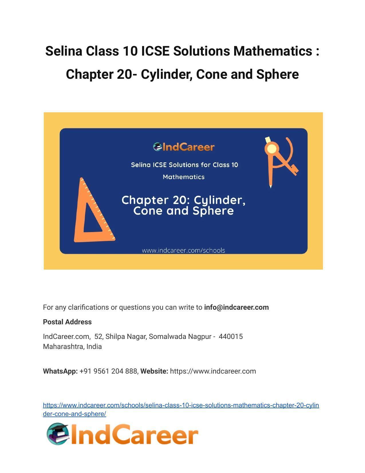 Selina Class 10 ICSE Solutions Mathematics : Chapter 20- Cylinder, Cone and Sphere - Page 1