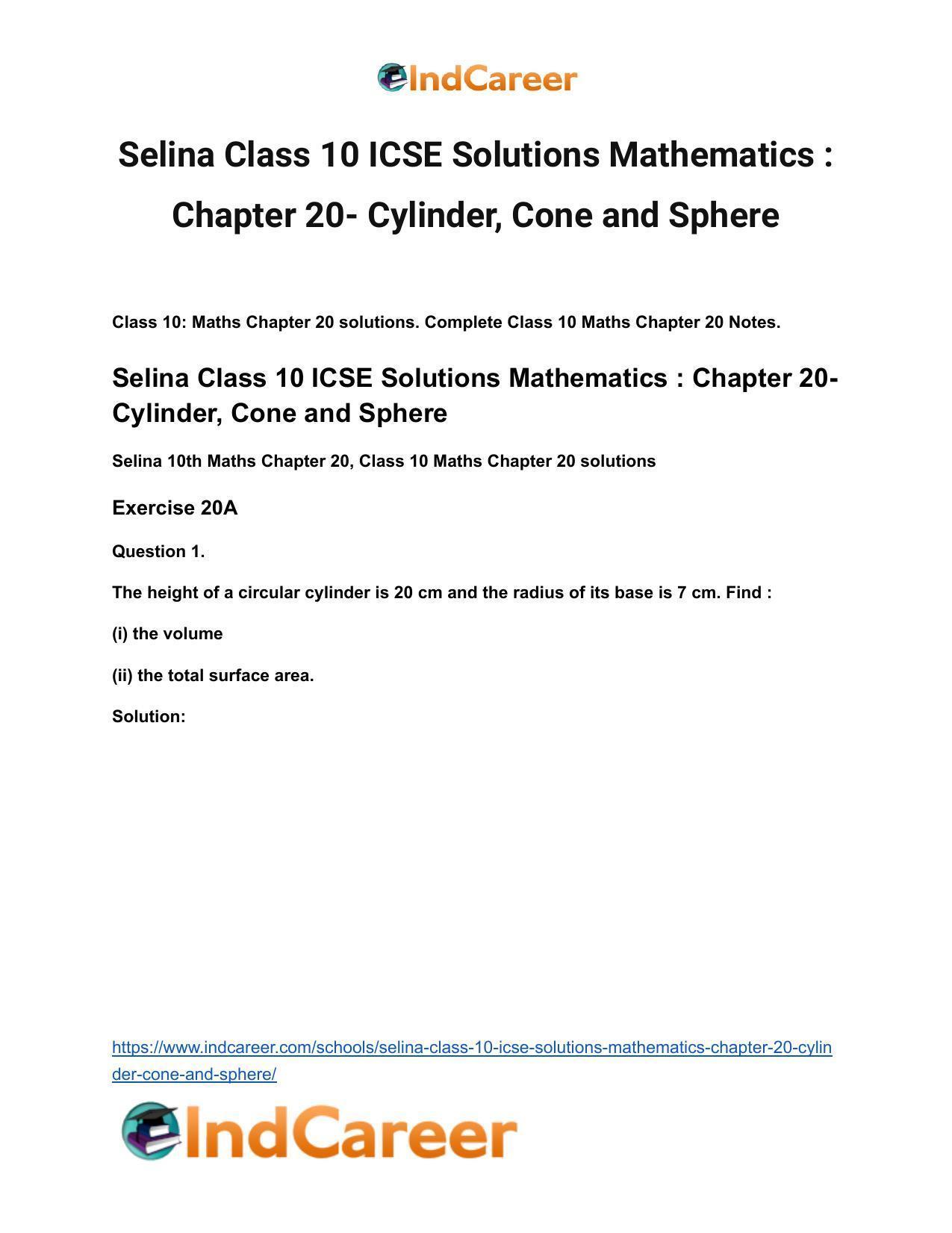 Selina Class 10 ICSE Solutions Mathematics : Chapter 20- Cylinder, Cone and Sphere - Page 2