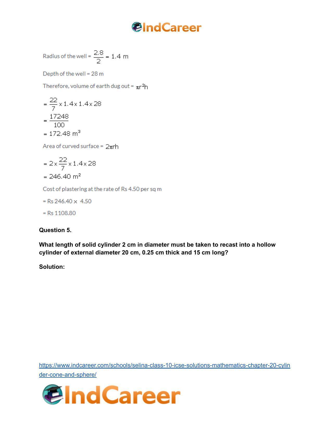 Selina Class 10 ICSE Solutions Mathematics : Chapter 20- Cylinder, Cone and Sphere - Page 5