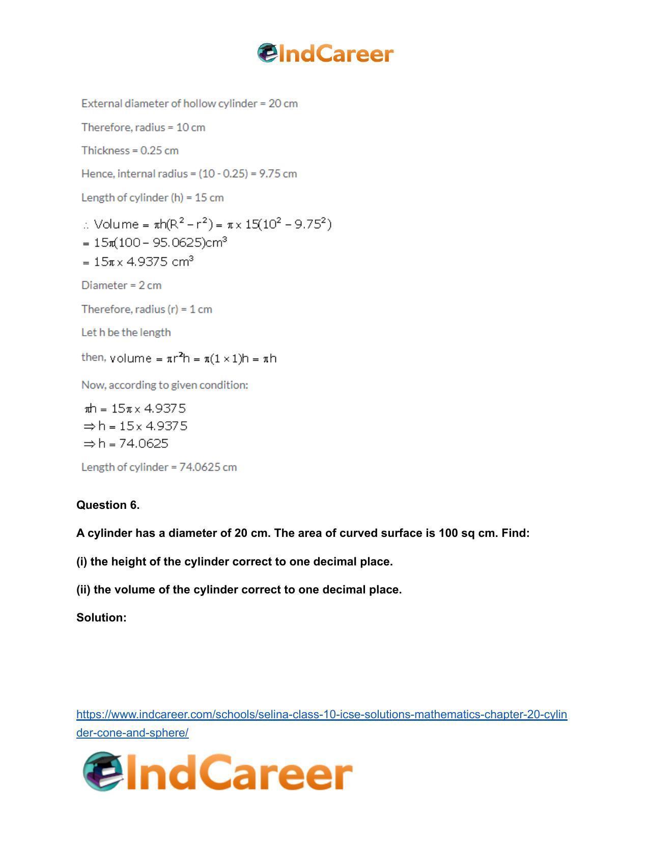 Selina Class 10 ICSE Solutions Mathematics : Chapter 20- Cylinder, Cone and Sphere - Page 6