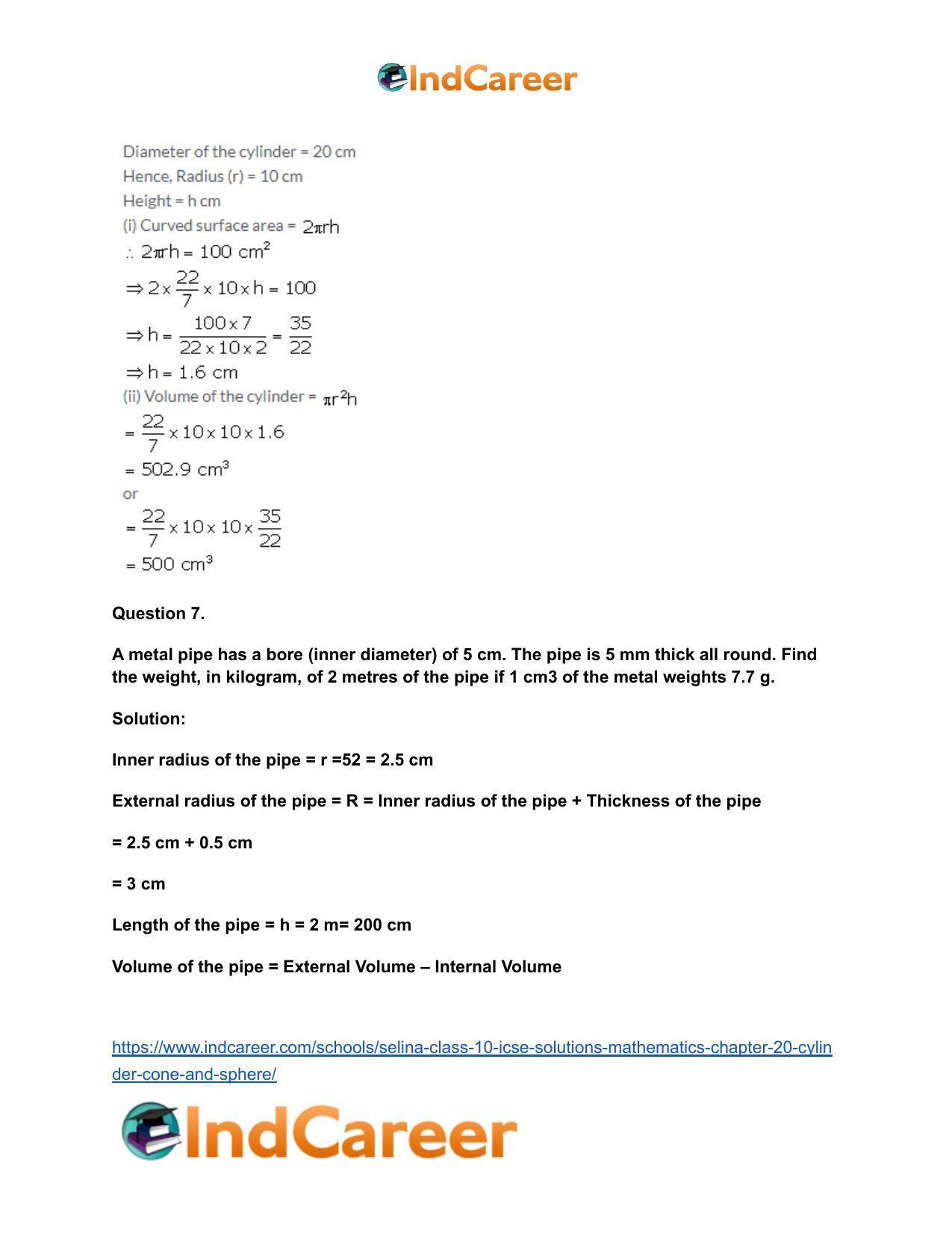 Selina Class 10 ICSE Solutions Mathematics : Chapter 20- Cylinder, Cone and Sphere - Page 7