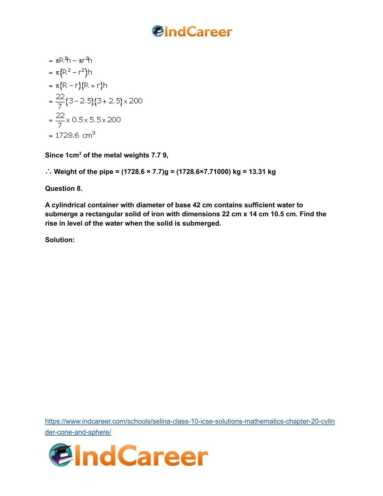 Selina Class 10 ICSE Solutions Mathematics : Chapter 20- Cylinder, Cone and Sphere - Page 8
