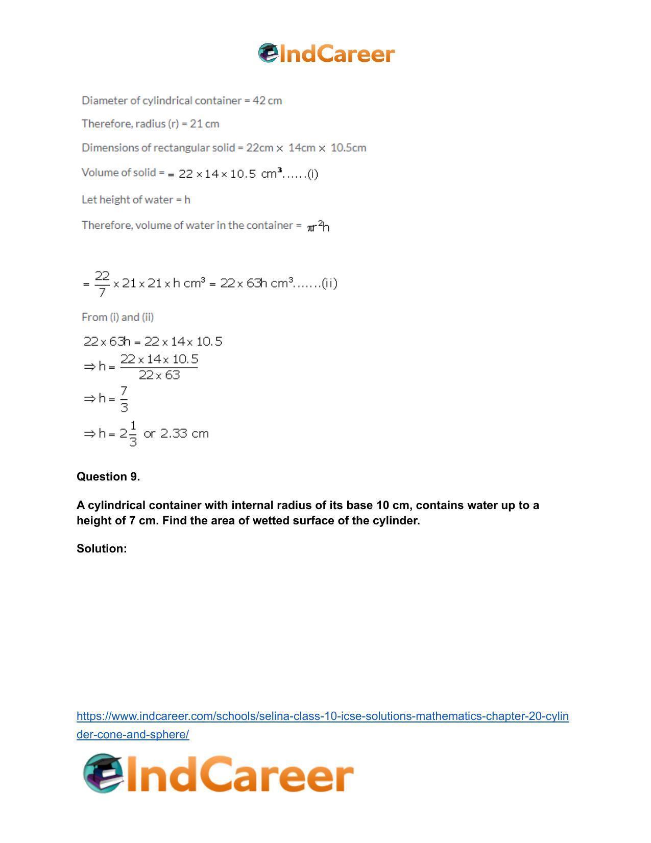 Selina Class 10 ICSE Solutions Mathematics : Chapter 20- Cylinder, Cone and Sphere - Page 9