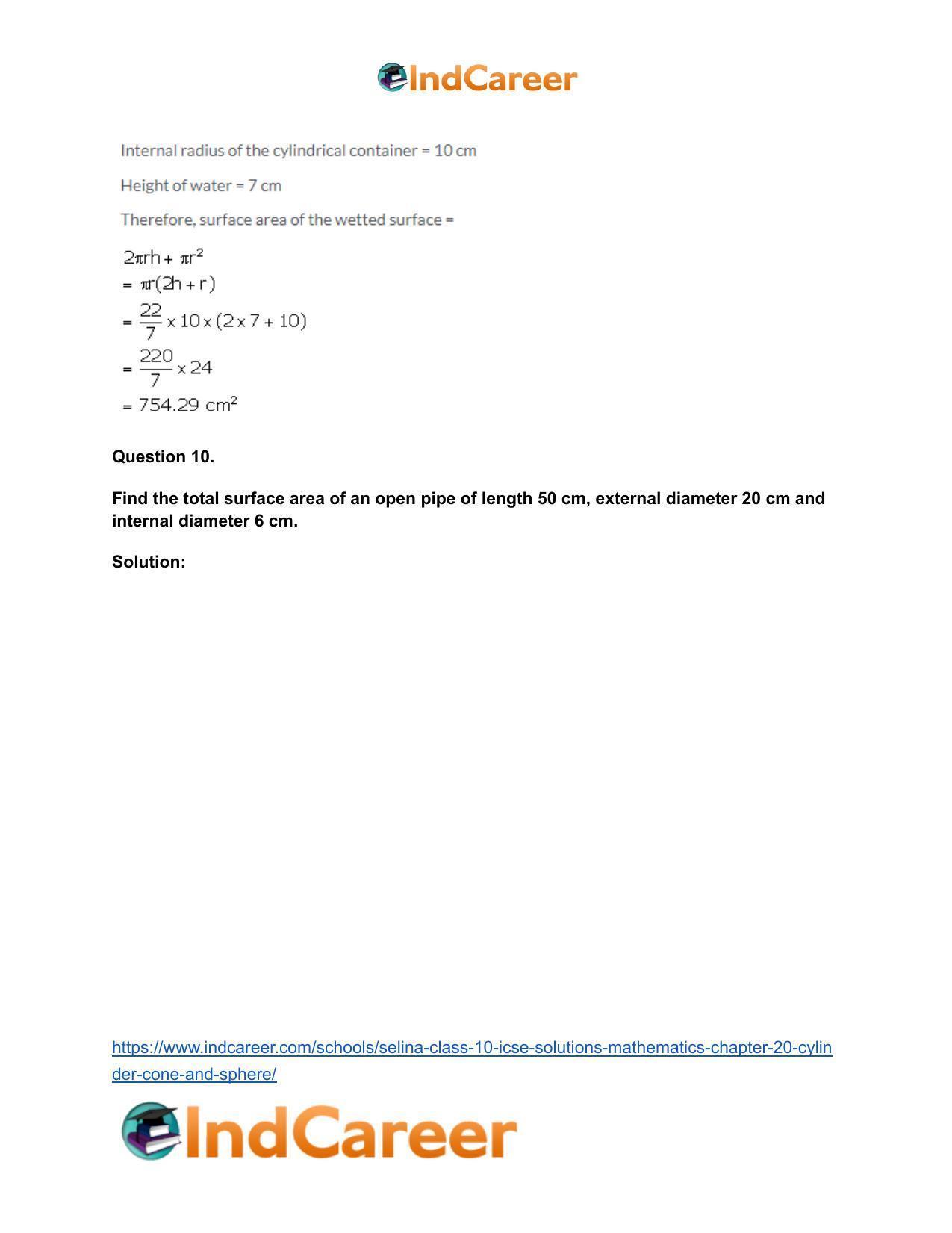 Selina Class 10 ICSE Solutions Mathematics : Chapter 20- Cylinder, Cone and Sphere - Page 10
