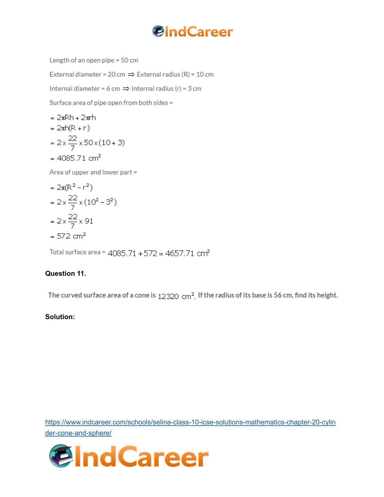 Selina Class 10 ICSE Solutions Mathematics : Chapter 20- Cylinder, Cone and Sphere - Page 11