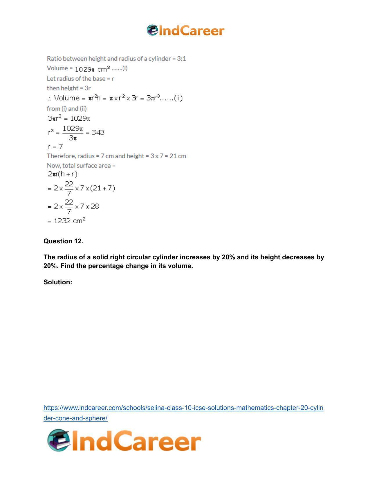 Selina Class 10 ICSE Solutions Mathematics : Chapter 20- Cylinder, Cone and Sphere - Page 12