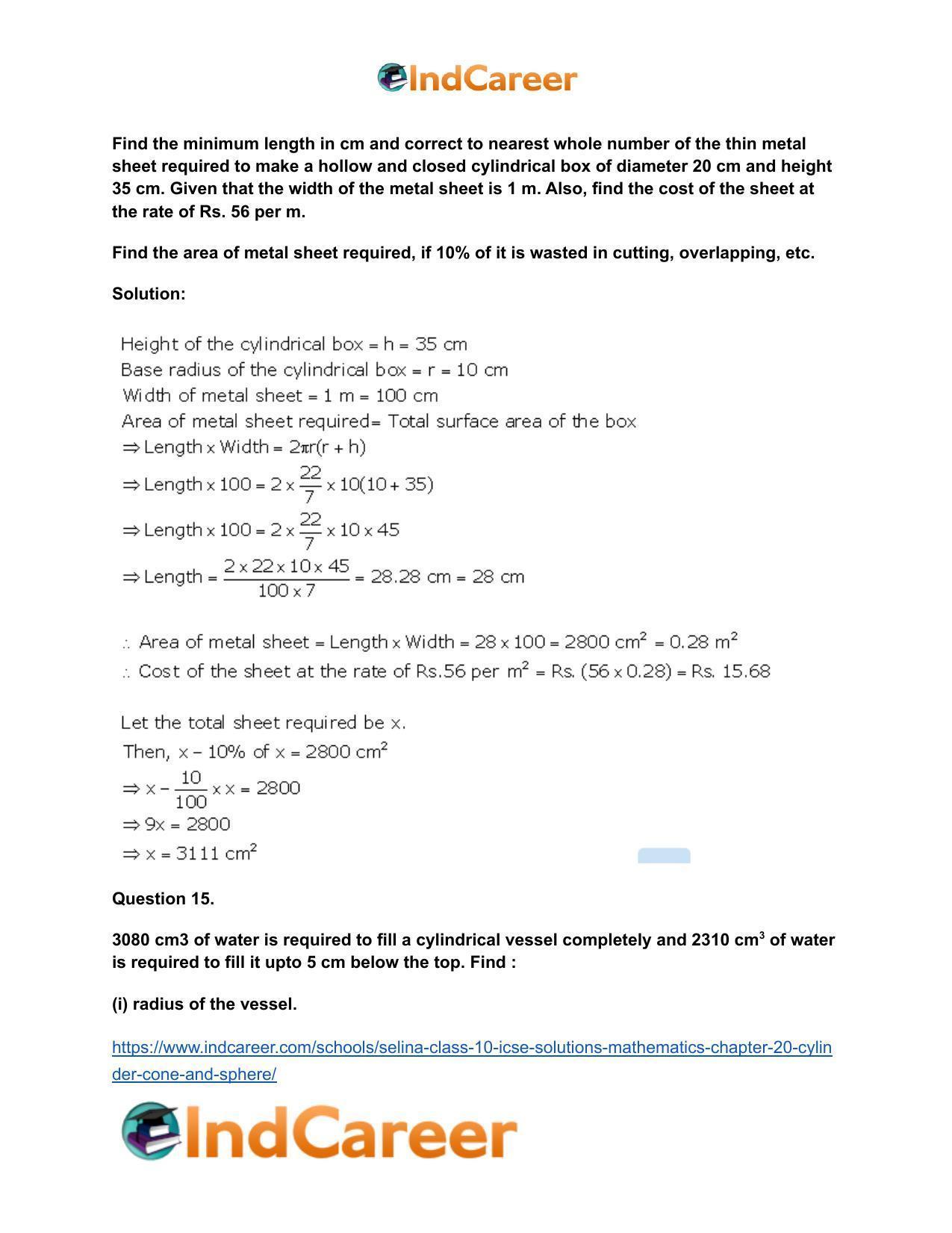 Selina Class 10 ICSE Solutions Mathematics : Chapter 20- Cylinder, Cone and Sphere - Page 15