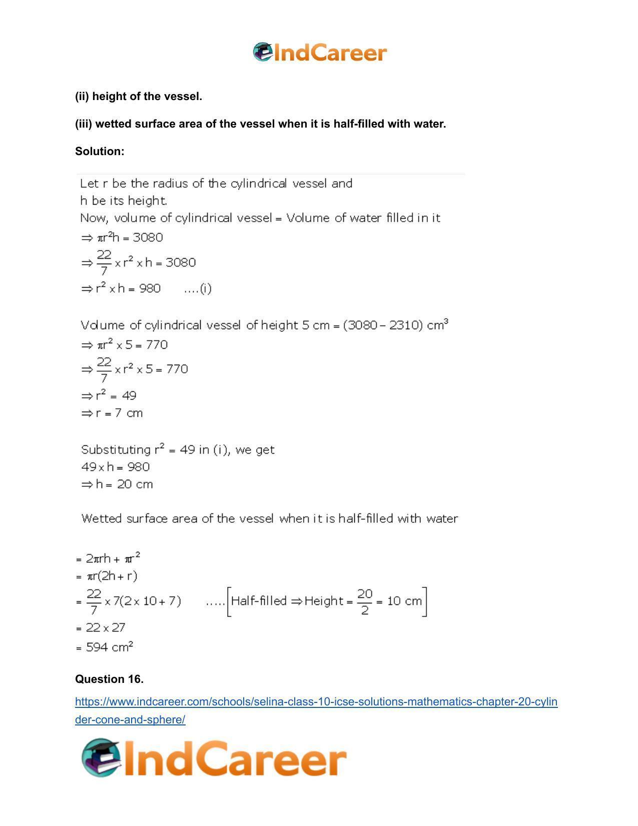 Selina Class 10 ICSE Solutions Mathematics : Chapter 20- Cylinder, Cone and Sphere - Page 16