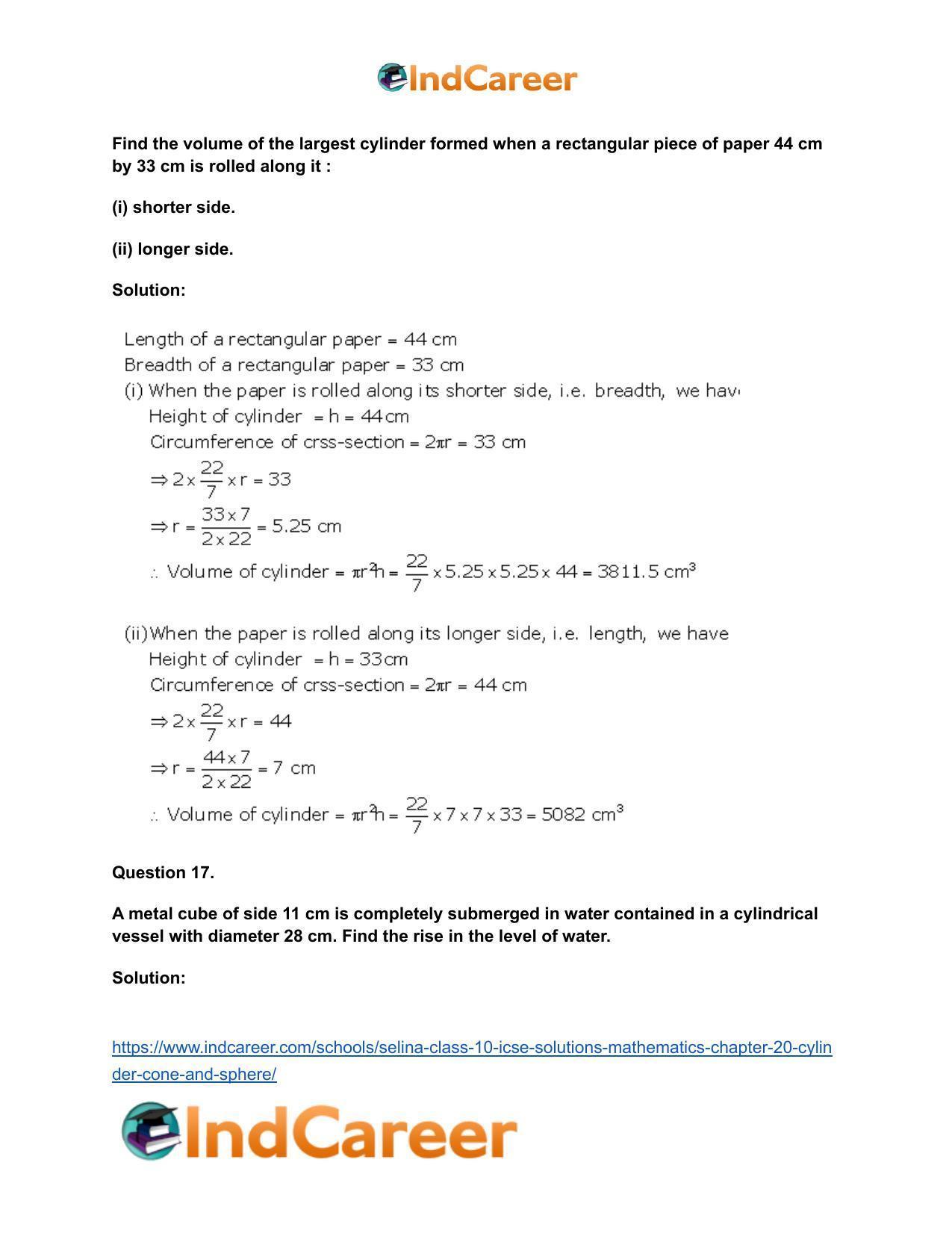 Selina Class 10 ICSE Solutions Mathematics : Chapter 20- Cylinder, Cone and Sphere - Page 17